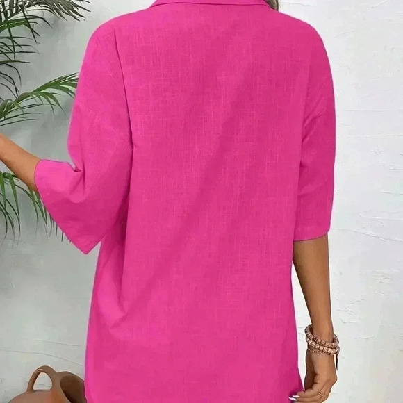 Hot Pink Casual Women's Summer Solid Color Drop-Shoulder Shirt And Loose Shorts - Picture 2 of 7